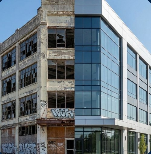 Building shown half derelict and half fully renovated with a glass facade